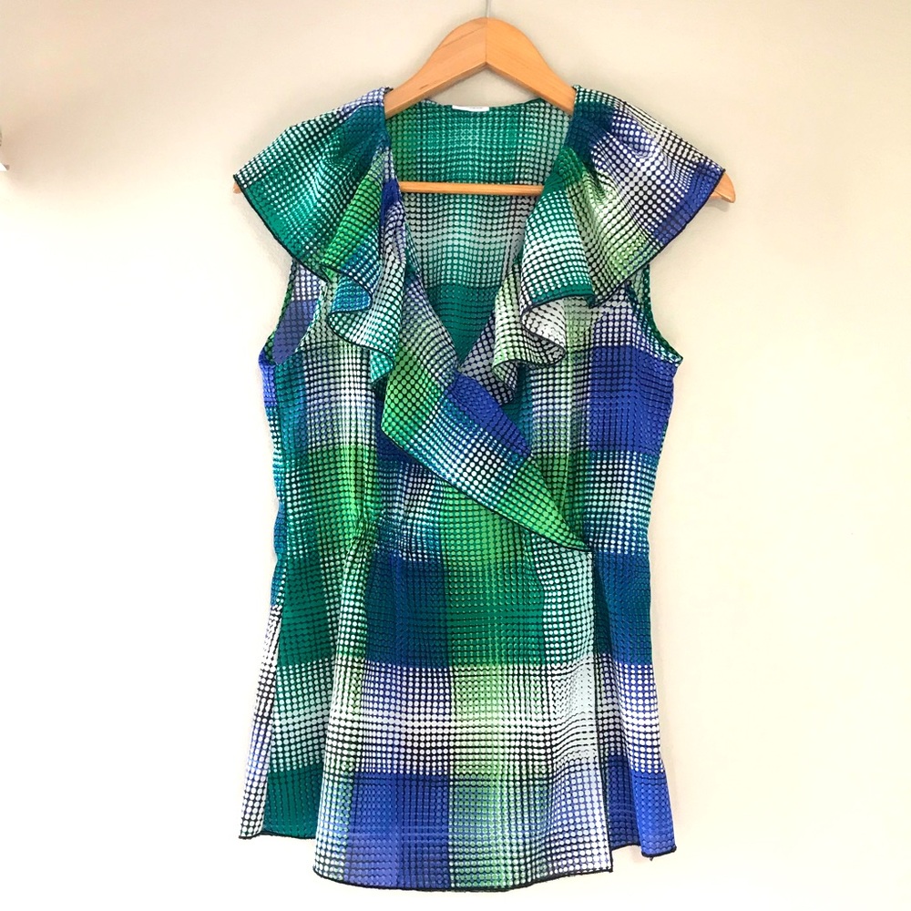 Suzy Shier sleeveless blouse women’s medium ruffle top bright green blue